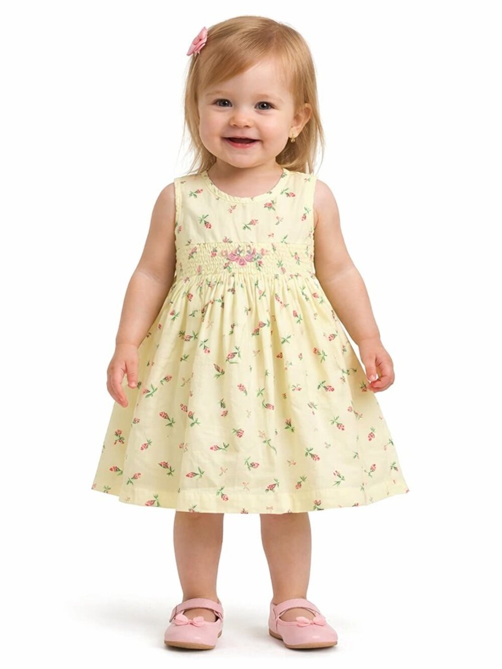 Goodlad Size 12 Months Yellow Floral Smocking Rose Detail Sleeveless Dress